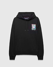 Mens Isaac Print Hoodie, black relaxed fit French terry hoodie featuring a drawstring hood, kangaroo pocket, and a vibrant pink, blue, green, white graphic Psycho Bunny skull logo on the left chest.