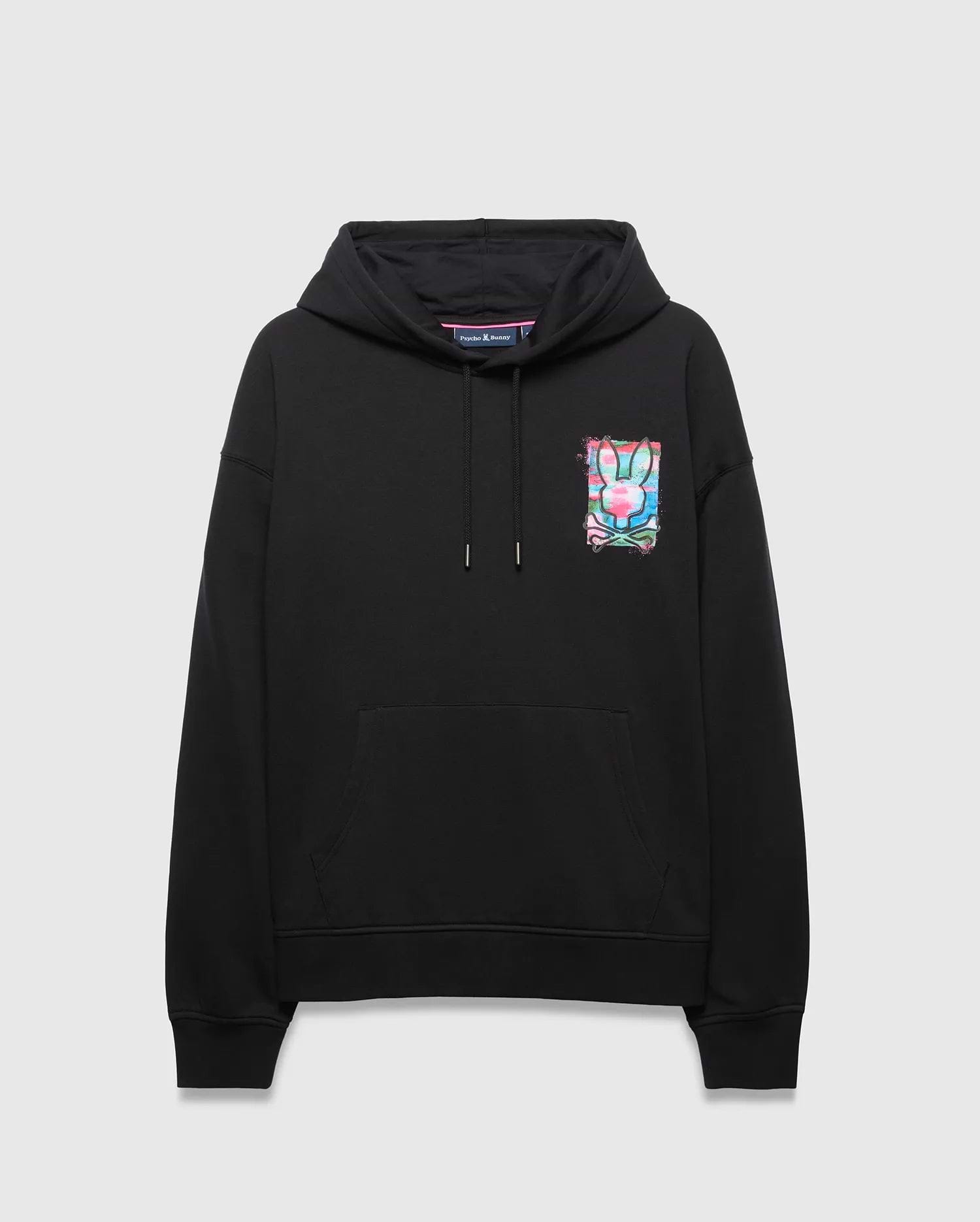 Mens Isaac Print Hoodie, black relaxed fit French terry hoodie featuring a drawstring hood, kangaroo pocket, and a vibrant pink, blue, green, white graphic Psycho Bunny skull logo on the left chest.