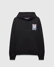 Mens Isaac Print Hoodie, black relaxed fit French terry hoodie featuring a drawstring hood, kangaroo pocket, and a vibrant pink, blue, green, white graphic Psycho Bunny skull logo on the left chest.