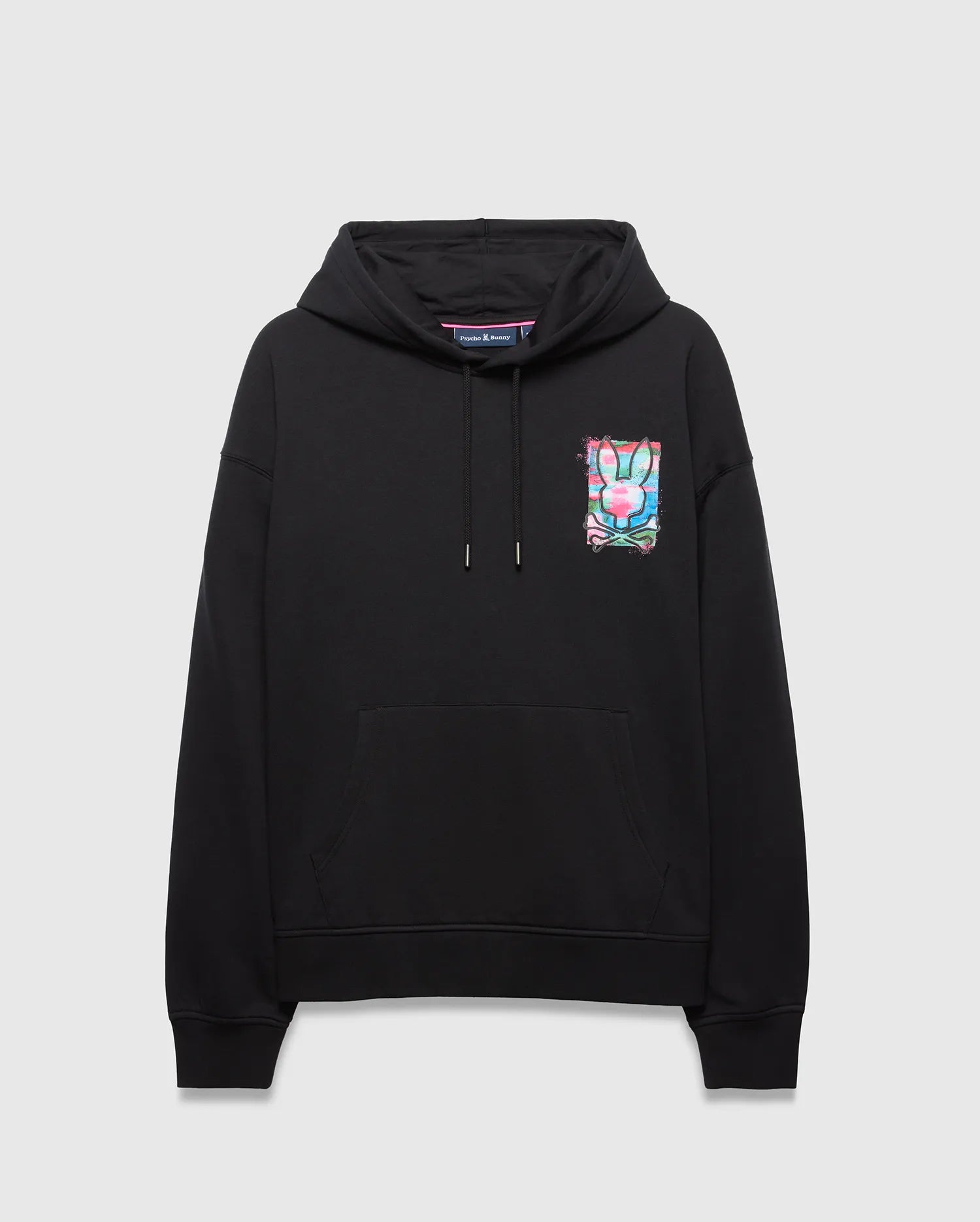 Mens Isaac Print Hoodie, black relaxed fit French terry hoodie featuring a drawstring hood, kangaroo pocket, and a vibrant pink, blue, green, white graphic Psycho Bunny skull logo on the left chest.