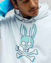 Mens Dax Oversized Hoodie, pale blue French terry, featuring a large teal and dark blue graphic bunny skull and crossbones on the chest, with a bright blue gradient sleeve. (3)