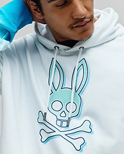 Mens Dax Oversized Hoodie, pale blue French terry, featuring a large teal and dark blue graphic bunny skull and crossbones on the chest, with a bright blue gradient sleeve. (3)