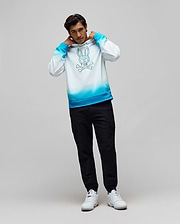 Mens Dax Oversized Hoodie, a white to vibrant blue ombre soft jersey hoodie featuring a large central blue Psycho Bunny skull and crossbones graphic. (4)