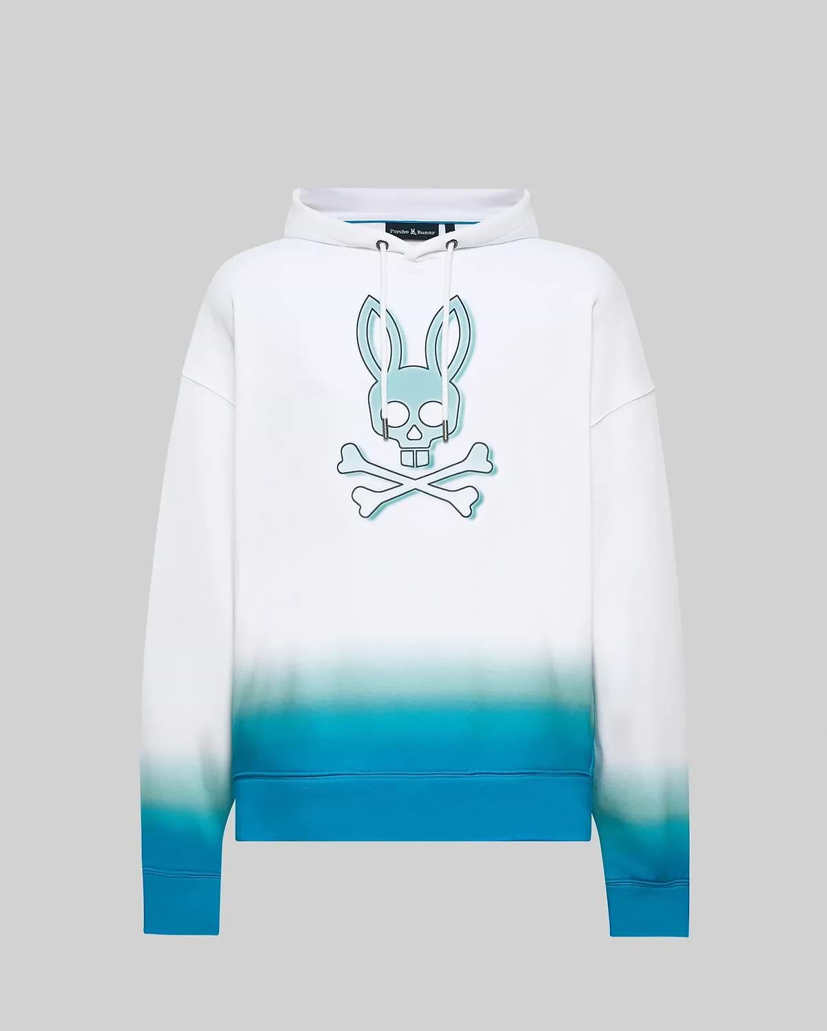 Mens Dax Oversized Hoodie, white smooth jersey hoodie with a large central teal Psycho Bunny skull and crossbones logo, featuring a vibrant blue ombre fade at the hem. (5)