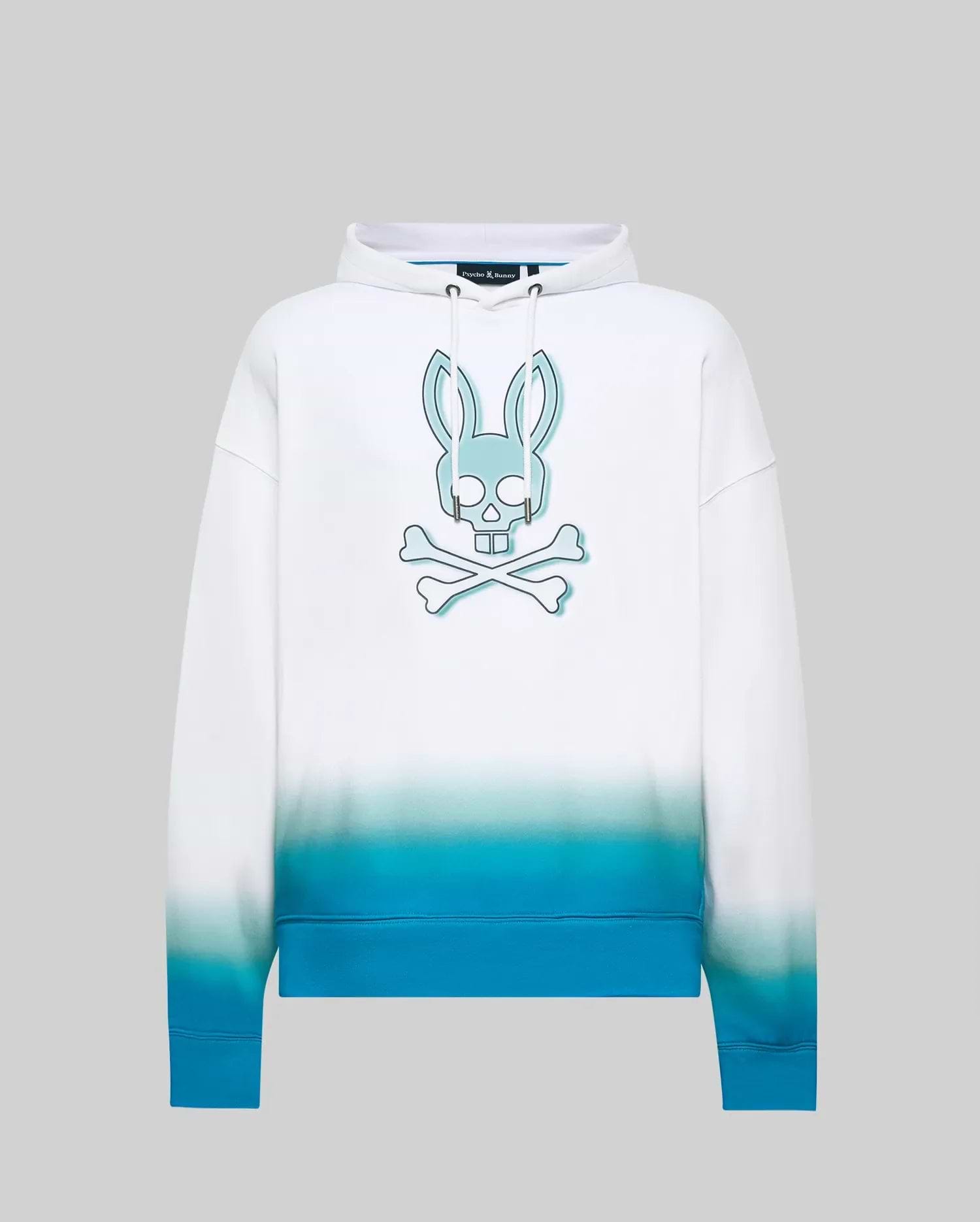 Mens Dax Oversized Hoodie, white smooth jersey hoodie with a large central teal Psycho Bunny skull and crossbones logo, featuring a vibrant blue ombre fade at the hem. (5)