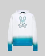 Mens Dax Oversized Hoodie, white smooth jersey hoodie with a large central teal Psycho Bunny skull and crossbones logo, featuring a vibrant blue ombre fade at the hem. (5)