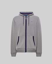 Mens Maxton Waffle Full Zip Hoodie in navy and white micro-check pattern, featuring a classic fit, full navy zip, drawstrings, and pocket trim, with a small embroidered Psycho Bunny skull logo on the left chest.
