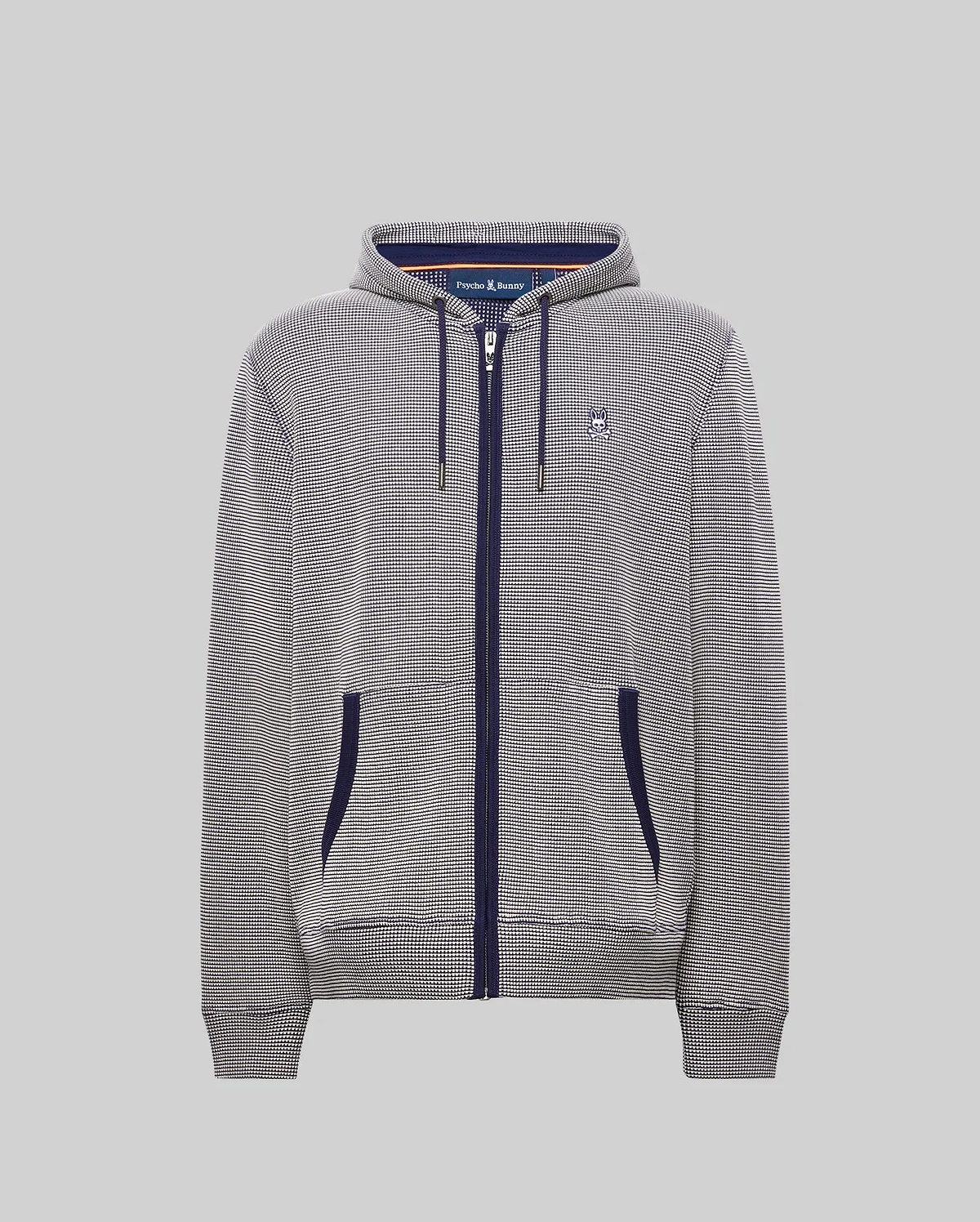 Mens Maxton Waffle Full Zip Hoodie in navy and white micro-check pattern, featuring a classic fit, full navy zip, drawstrings, and pocket trim, with a small embroidered Psycho Bunny skull logo on the left chest.
