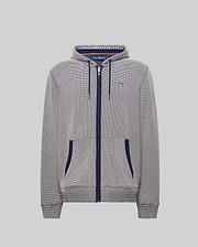 Mens Maxton Waffle Full Zip Hoodie in navy and white micro-check pattern, featuring a classic fit, full navy zip, drawstrings, and pocket trim, with a small embroidered Psycho Bunny skull logo on the left chest.
