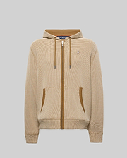 Mens Maxton Waffle Full Zip Hoodie in tan with a fine grid pattern, featuring brown zipper, drawstrings, and pocket trim. A small embroidered Psycho Bunny skull logo adorns the left chest.
