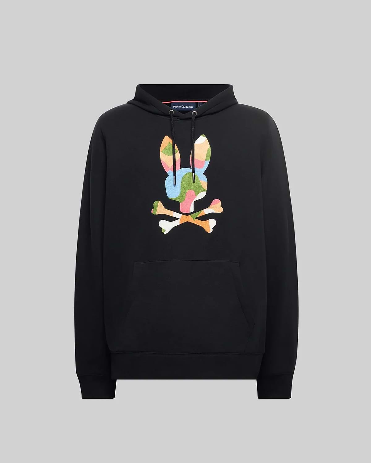 Mens Ara Hoodie, black, relaxed fit, soft jersey, featuring a large, vibrant multi-color camouflage Psycho Bunny skull logo on the chest, with a drawstring hood and kangaroo pocket.