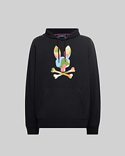Mens Ara Hoodie, black, relaxed fit, soft jersey, featuring a large, vibrant multi-color camouflage Psycho Bunny skull logo on the chest, with a drawstring hood and kangaroo pocket.