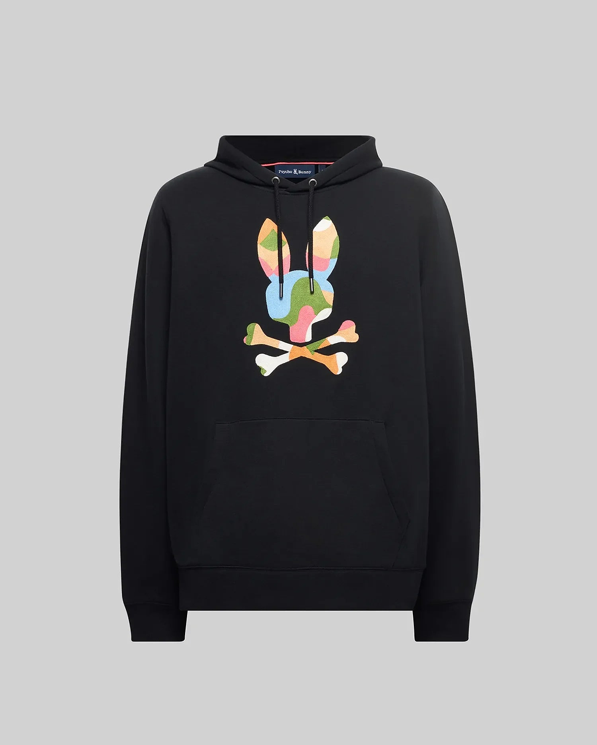 Mens Ara Hoodie, black, relaxed fit, soft jersey, featuring a large, vibrant multi-color camouflage Psycho Bunny skull logo on the chest, with a drawstring hood and kangaroo pocket.