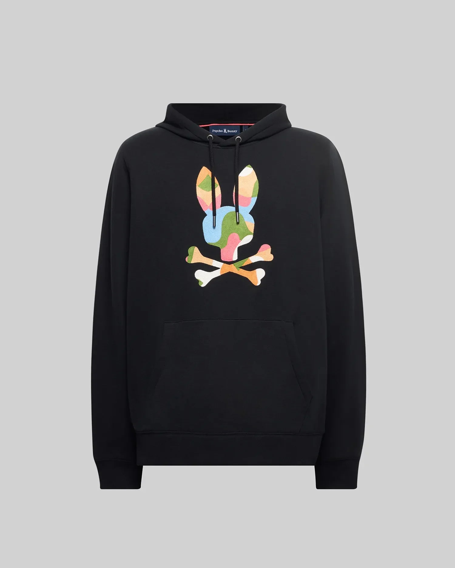 Mens Ara Hoodie, black, relaxed fit, soft jersey, featuring a large, vibrant multi-color camouflage Psycho Bunny skull logo on the chest, with a drawstring hood and kangaroo pocket.