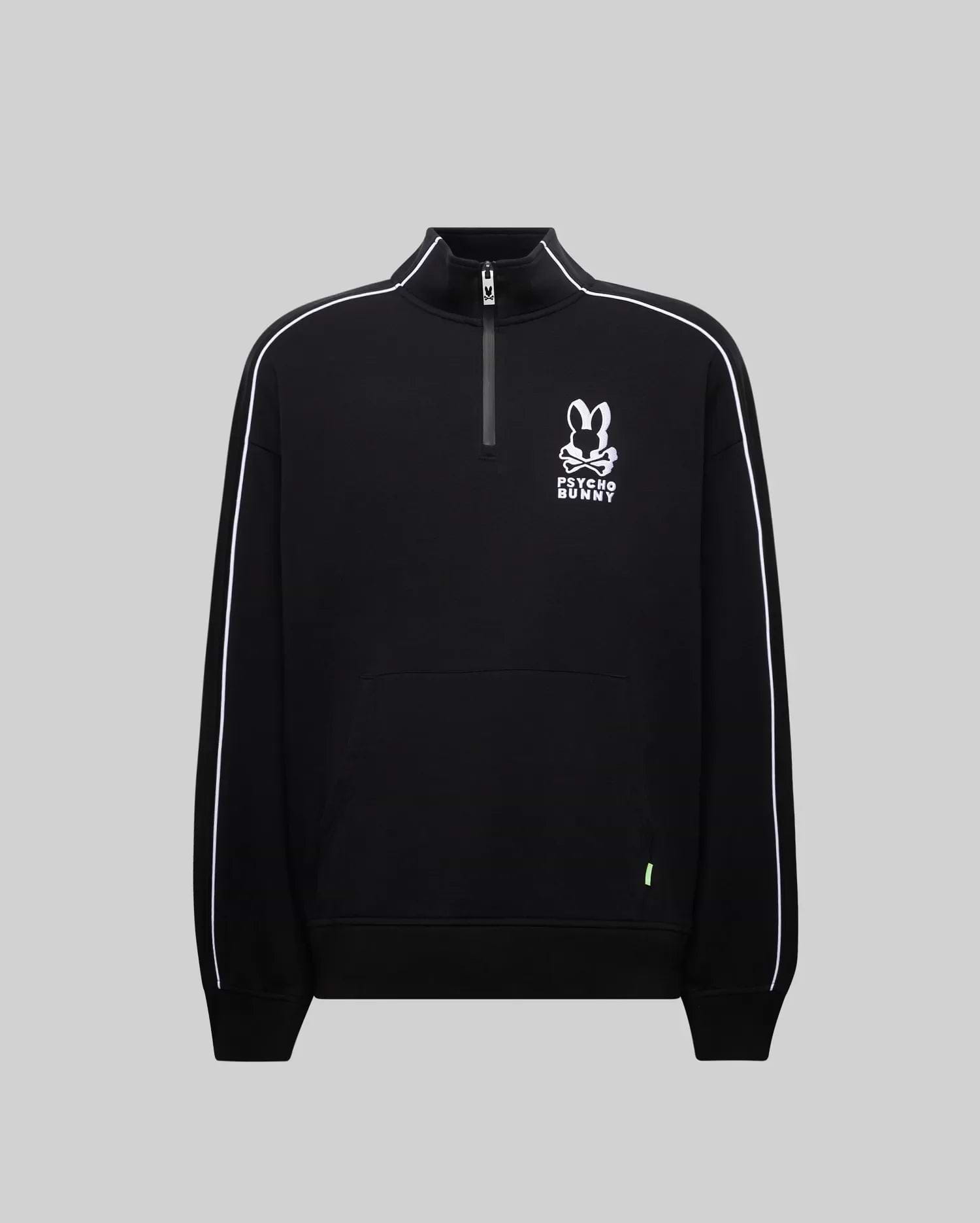Mens Toby 1/4 Zip, a black relaxed-fit smooth knit pullover with a stand collar, white piping on sleeves, a kangaroo pocket, and a prominent white embroidered Psycho Bunny skull and crossbones logo on the chest, accented by a neon green tag.