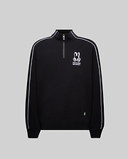 Mens Toby 1/4 Zip, a black relaxed-fit smooth knit pullover with a stand collar, white piping on sleeves, a kangaroo pocket, and a prominent white embroidered Psycho Bunny skull and crossbones logo on the chest, accented by a neon green tag.