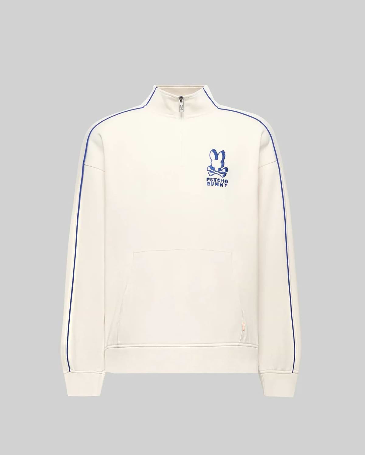 Mens Toby 1/4 Zip, cream relaxed fit French terry pullover with royal blue piping on sleeves and collar, large embroidered Psycho Bunny skull logo on left chest, 1/4 zip, and kangaroo pocket. (5)