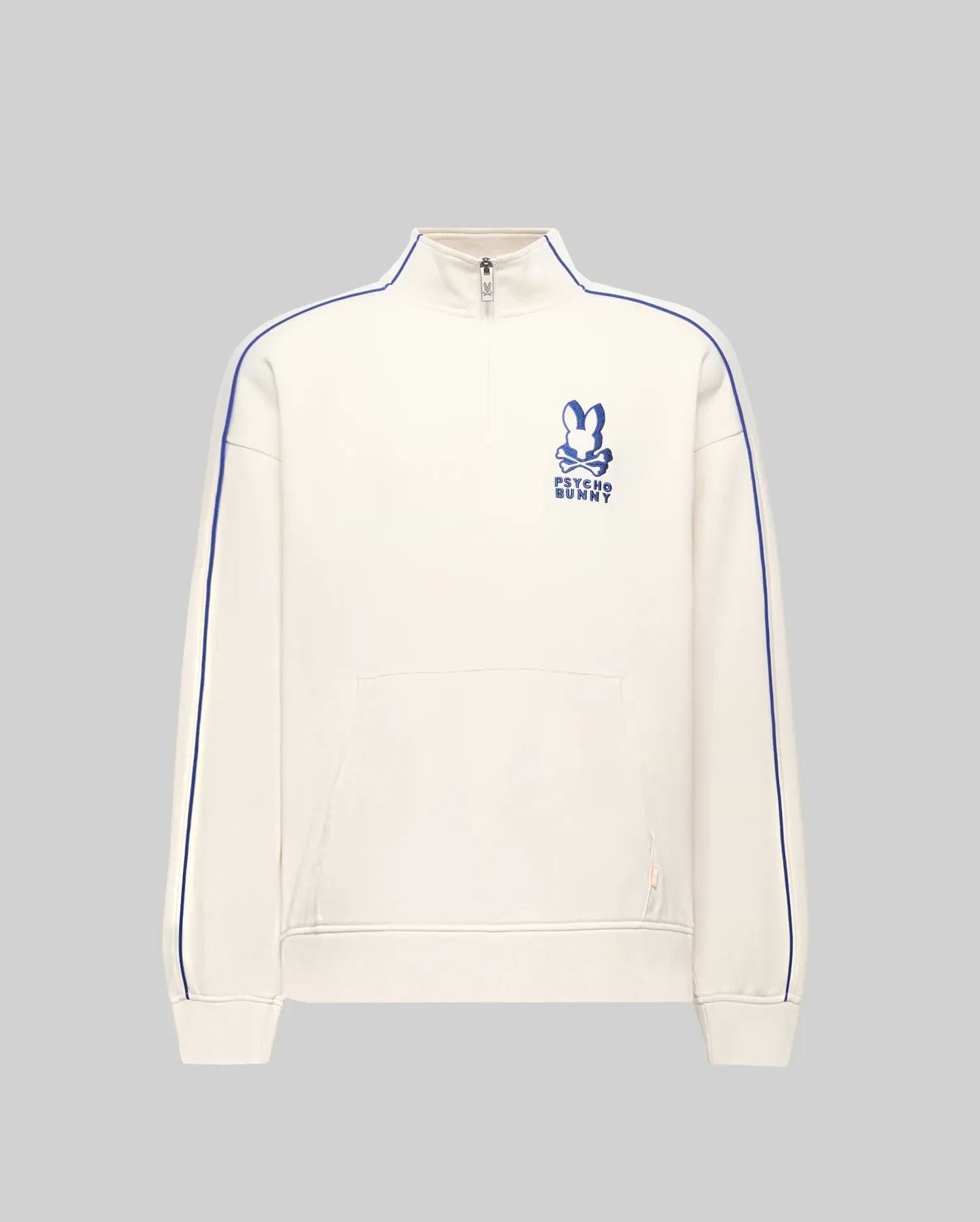 Mens Toby 1/4 Zip, cream relaxed fit French terry pullover with royal blue piping on sleeves and collar, large embroidered Psycho Bunny skull logo on left chest, 1/4 zip, and kangaroo pocket. (5)