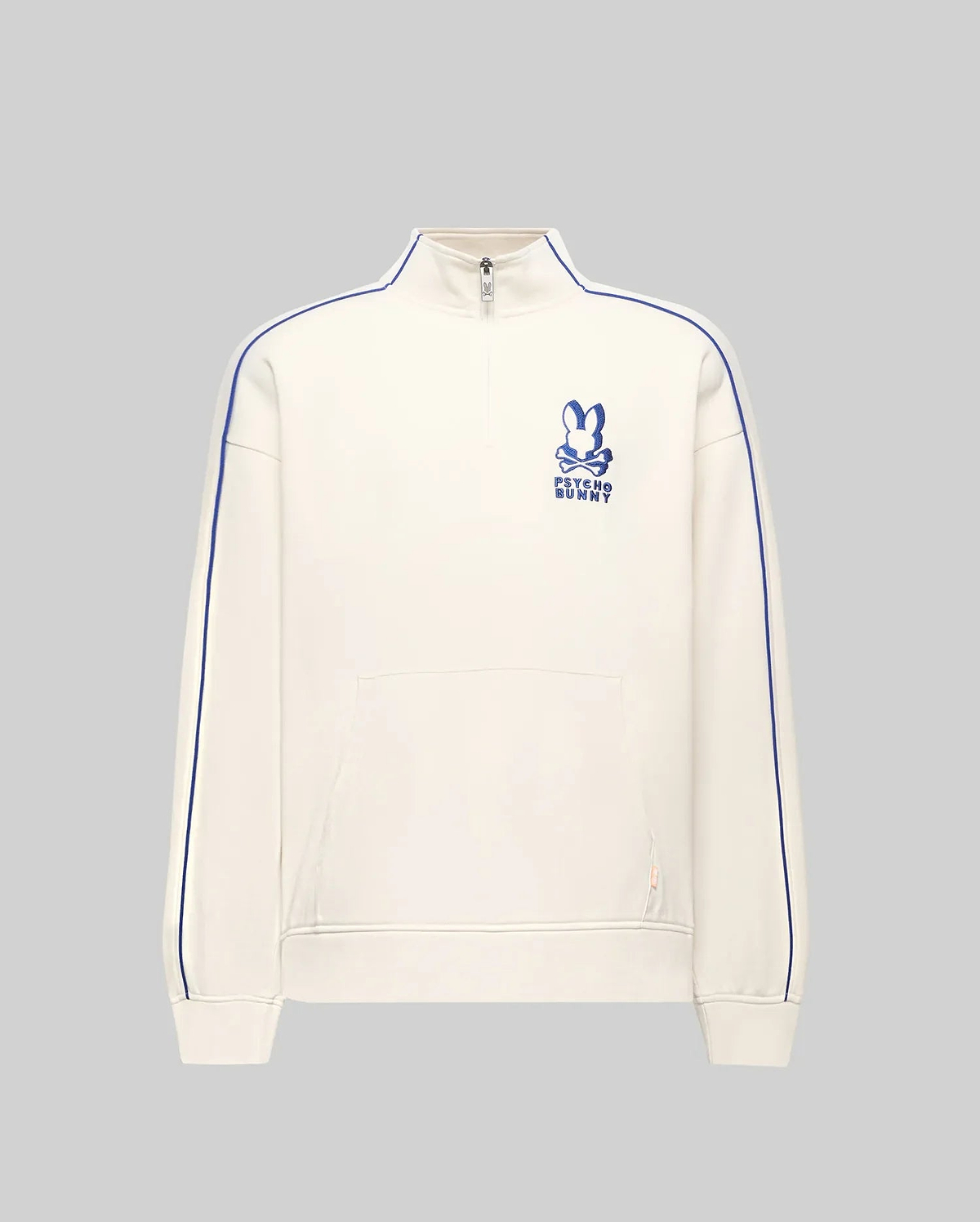 Mens Toby 1/4 Zip, cream relaxed fit French terry pullover with royal blue piping on sleeves and collar, large embroidered Psycho Bunny skull logo on left chest, 1/4 zip, and kangaroo pocket. (5)