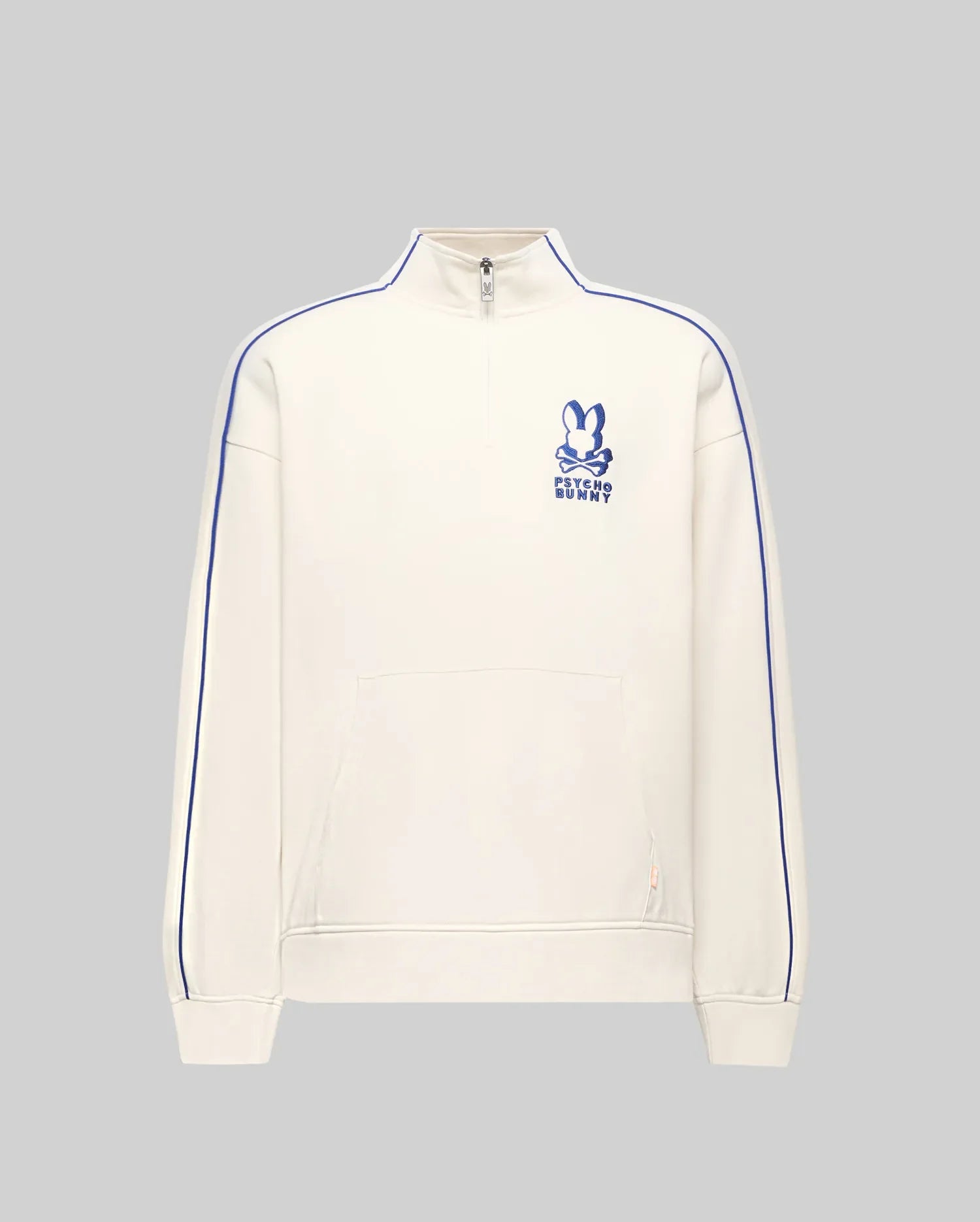 Mens Toby 1/4 Zip, cream relaxed fit French terry pullover with royal blue piping on sleeves and collar, large embroidered Psycho Bunny skull logo on left chest, 1/4 zip, and kangaroo pocket. (5)