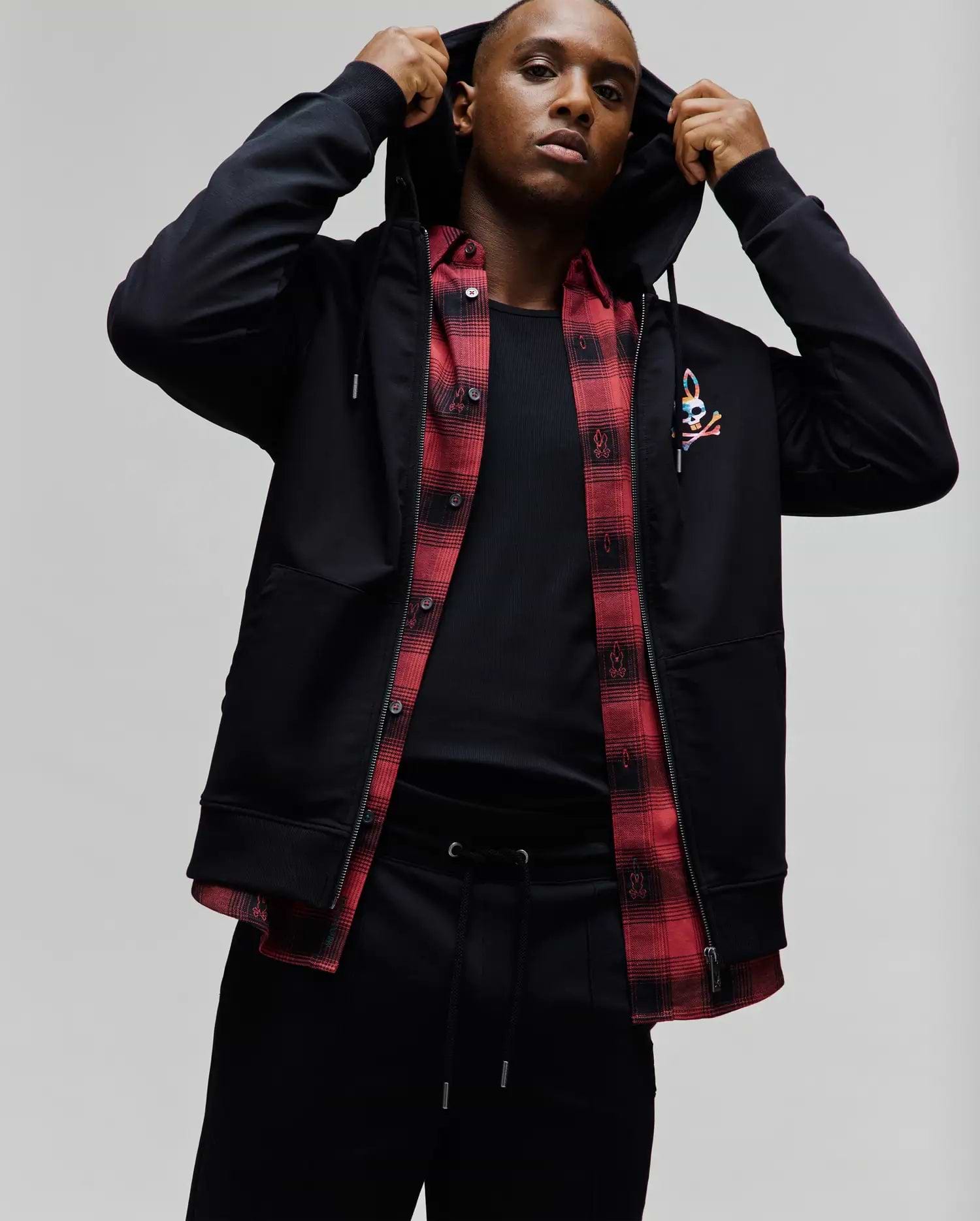 Mens Raphael Zip Hoodie, black, classic fit, smooth knit, with a full zip, hood, ribbed cuffs, and a colorful embroidered iconic Psycho Bunny skull logo on the left chest.