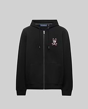 Mens Raphael Zip Hoodie in black, featuring a classic fit, smooth fleece fabric, full zip closure, and a small, embroidered multicolor Psycho Bunny skull logo on the left chest.