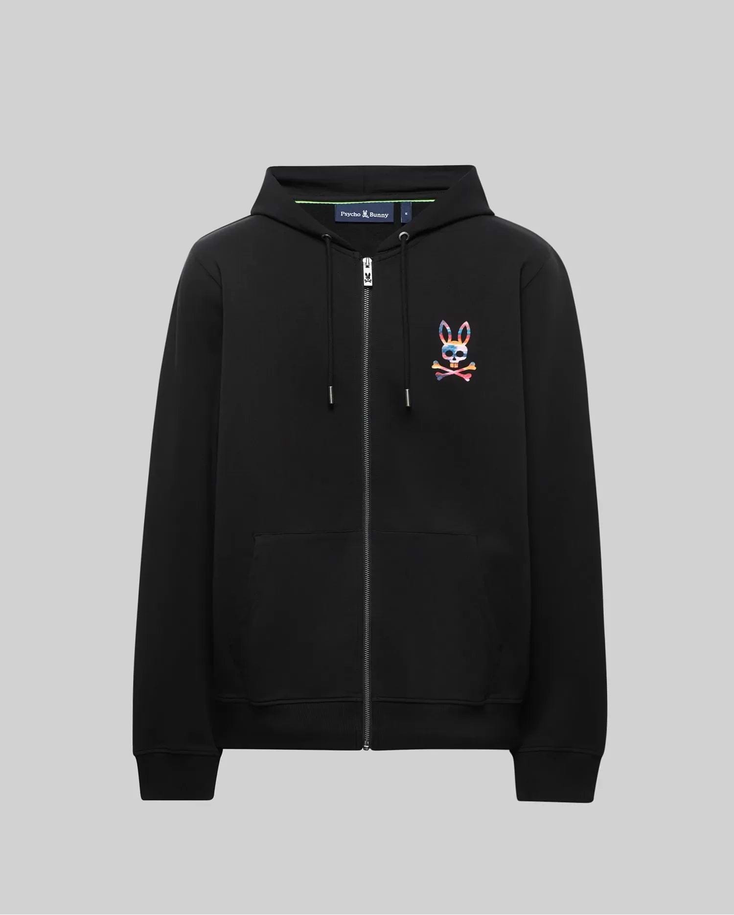 Mens Raphael Zip Hoodie in black, featuring a classic fit, smooth fleece fabric, full zip closure, and a small, embroidered multicolor Psycho Bunny skull logo on the left chest.