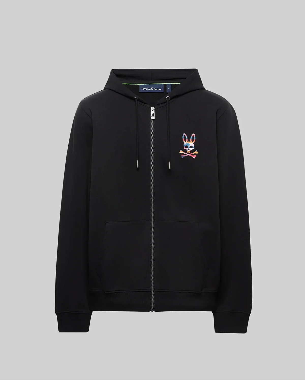 Mens Raphael Zip Hoodie in black, featuring a classic fit, smooth fleece fabric, full zip closure, and a small, embroidered multicolor Psycho Bunny skull logo on the left chest.