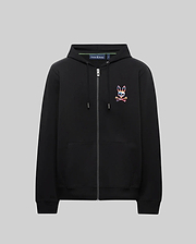 Mens Raphael Zip Hoodie in black, featuring a classic fit, smooth fleece fabric, full zip closure, and a small, embroidered multicolor Psycho Bunny skull logo on the left chest.