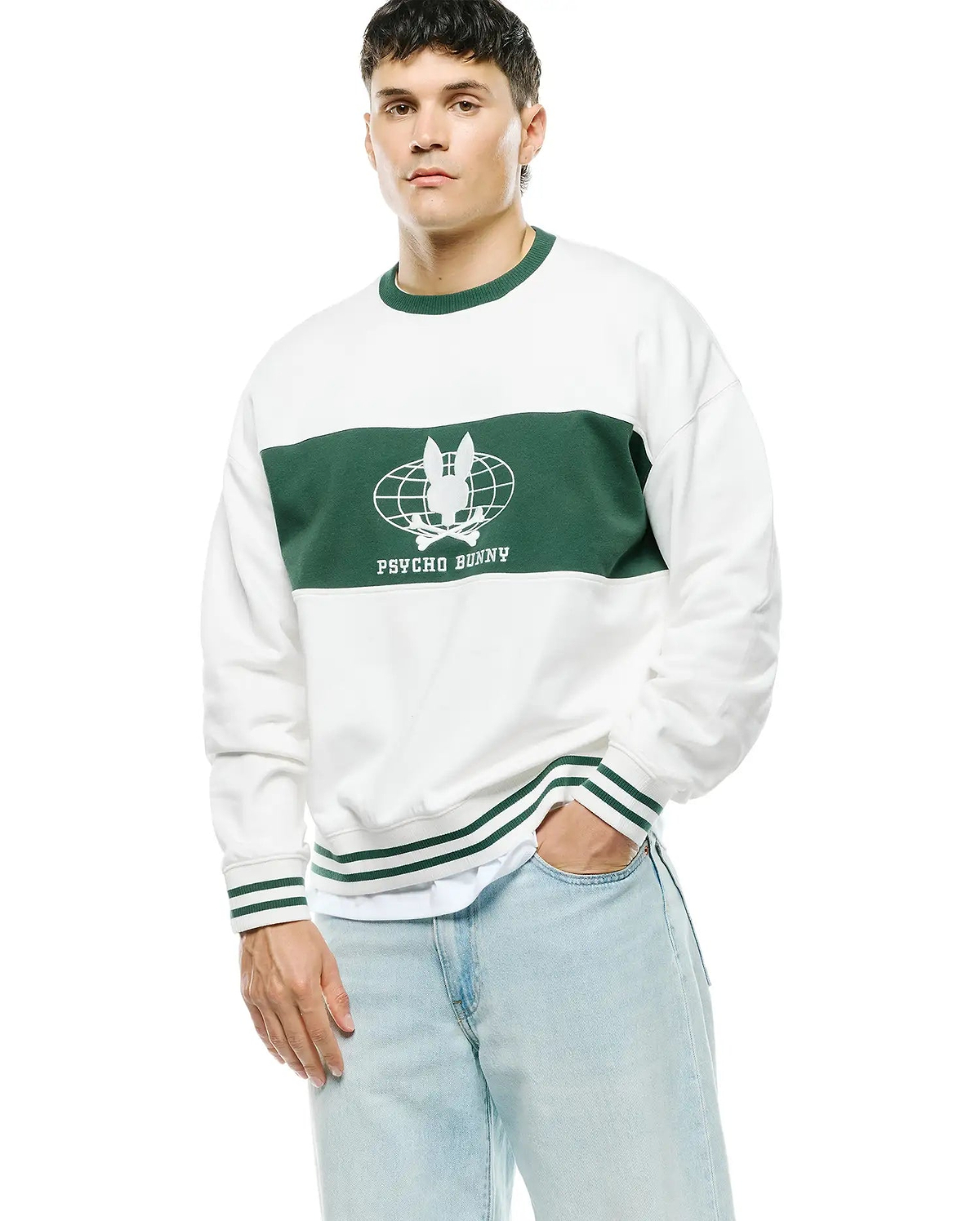 Mens Mike French Terry Crew, a relaxed fit white sweatshirt with a bold green chest stripe featuring a large white Psycho Bunny globe graphic and text, complemented by green ribbed collar, cuffs, and hem stripes.