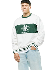 Mens Mike French Terry Crew, a relaxed fit white sweatshirt with a bold green chest stripe featuring a large white Psycho Bunny globe graphic and text, complemented by green ribbed collar, cuffs, and hem stripes.