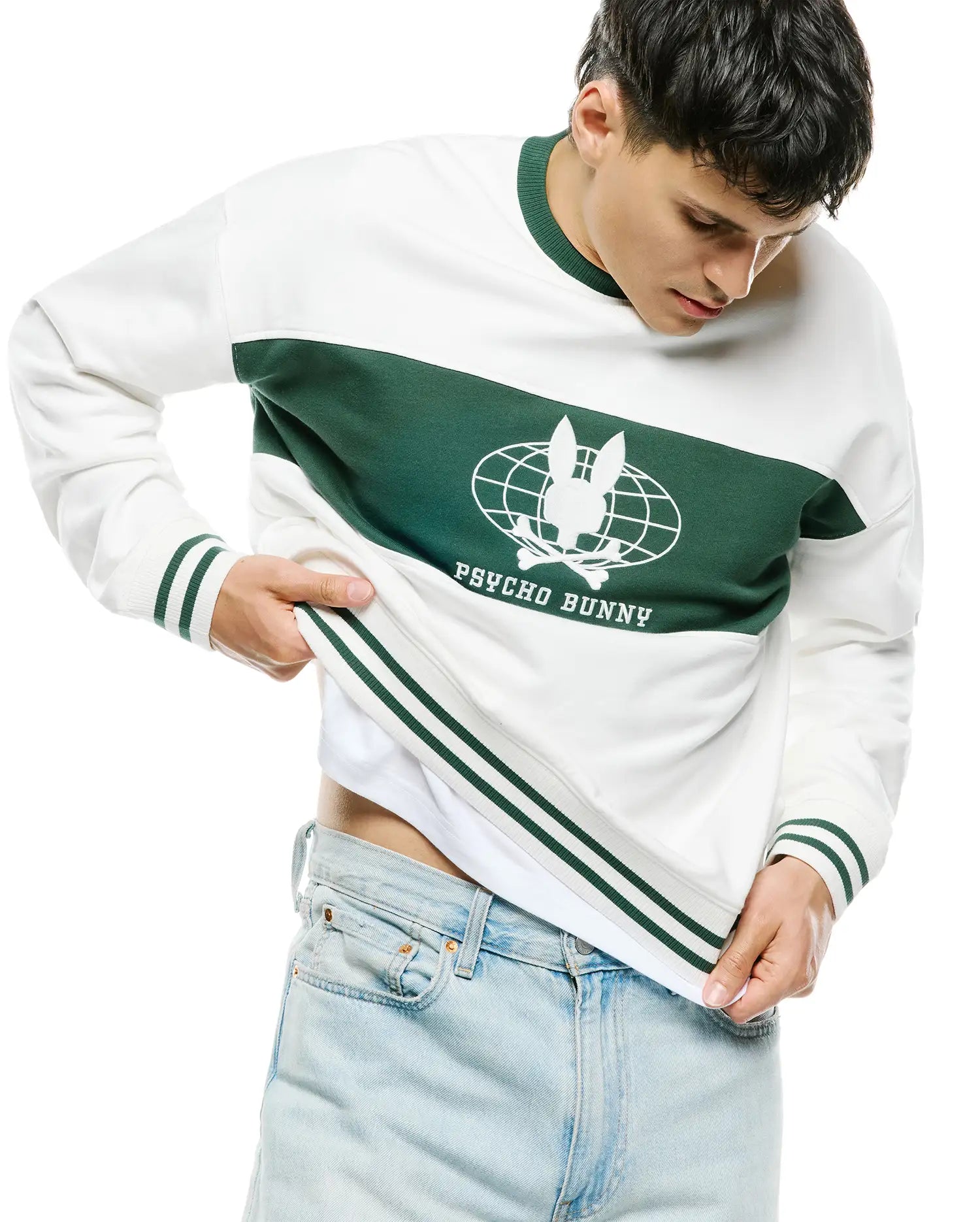 Mens Mike French Terry Crew in white, relaxed fit, with a bold green chest stripe, large white Psycho Bunny skull globe graphic, and green striped ribbed cuffs and hem.
