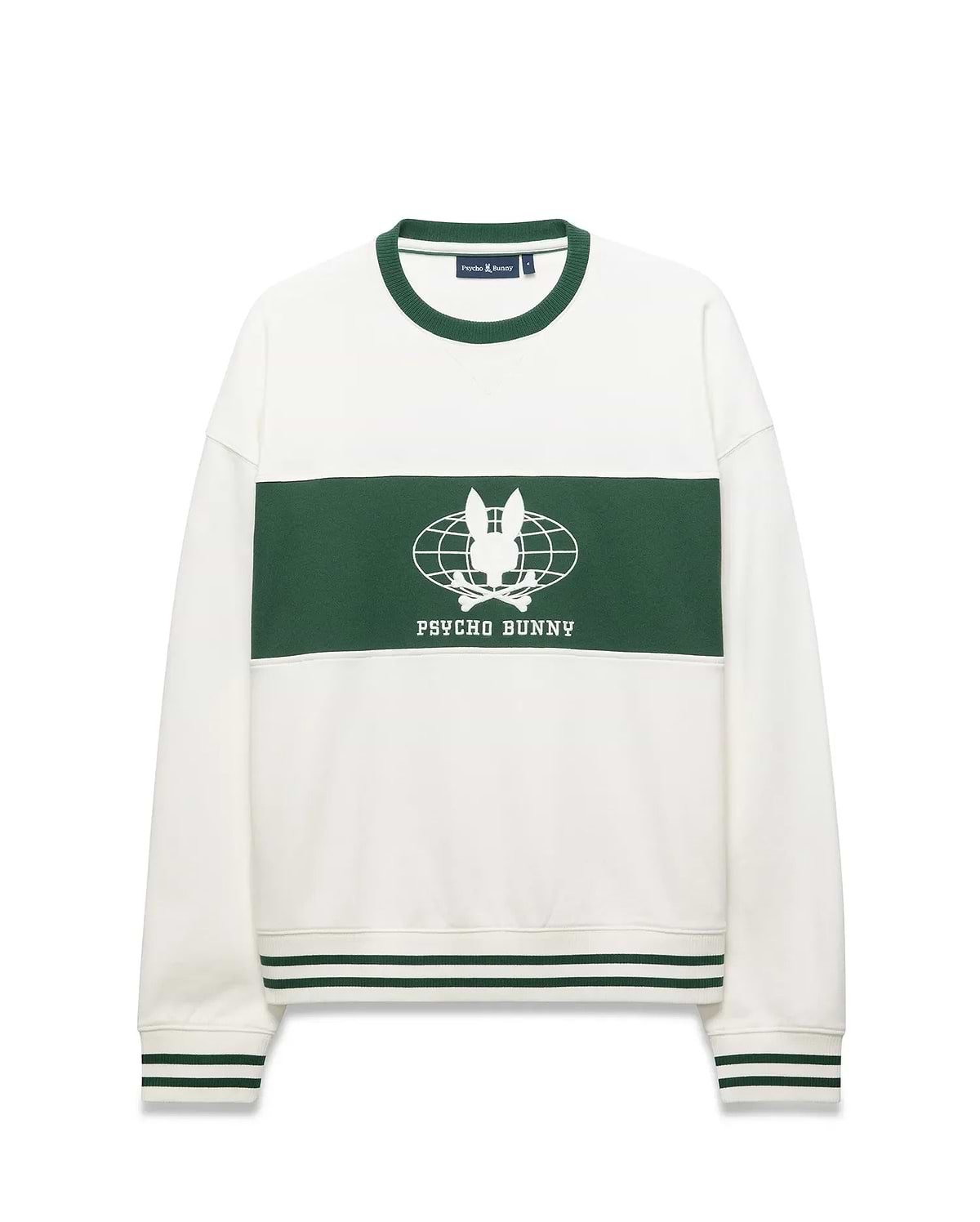 Mens Mike French Terry Crew, a relaxed white sweatshirt with a bold green chest stripe, featuring a large white Psycho Bunny skull globe graphic and text. Ribbed crewneck, cuffs, and hem have green double stripes.