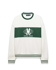 Mens Mike French Terry Crew, a relaxed white sweatshirt with a bold green chest stripe, featuring a large white Psycho Bunny skull globe graphic and text. Ribbed crewneck, cuffs, and hem have green double stripes.