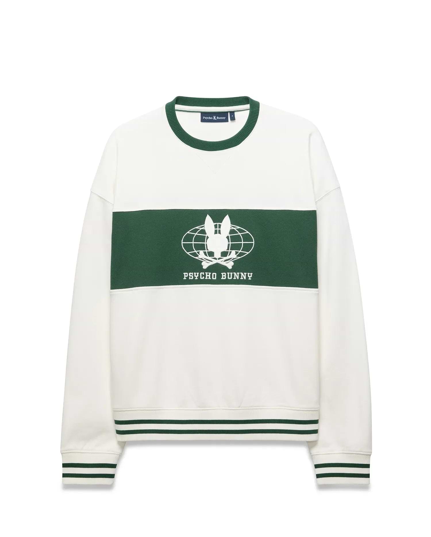 Mens Mike French Terry Crew, a relaxed white sweatshirt with a bold green chest stripe, featuring a large white Psycho Bunny skull globe graphic and text. Ribbed crewneck, cuffs, and hem have green double stripes.