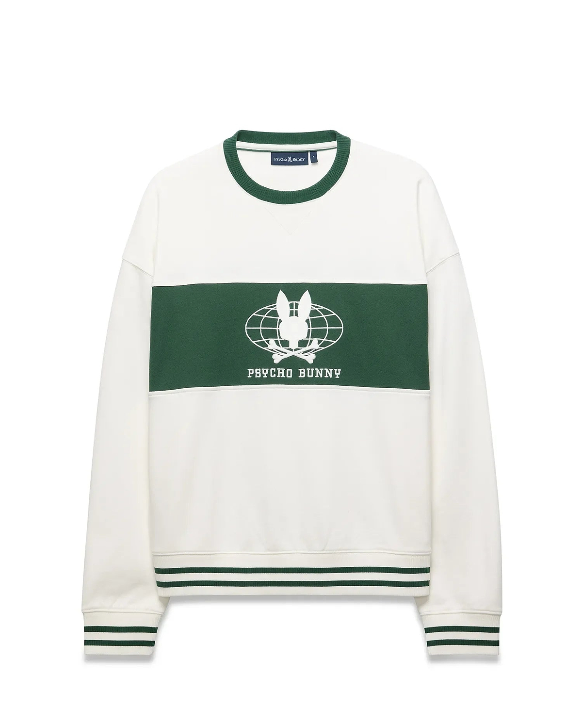 Mens Mike French Terry Crew, a relaxed white sweatshirt with a bold green chest stripe, featuring a large white Psycho Bunny skull globe graphic and text. Ribbed crewneck, cuffs, and hem have green double stripes.