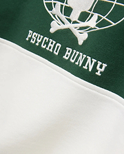 Mens Mike French Terry Crew in dark green and white color-block, featuring a large embroidered white Psycho Bunny skull and crossbones globe logo with PSYCHO BUNNY text.