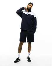 Mens Gabe French Terry 1/4 Zip in navy with white color block shoulders, light blue zipper trim, a relaxed fit, and a small embroidered Psycho Bunny skull logo on the left chest.