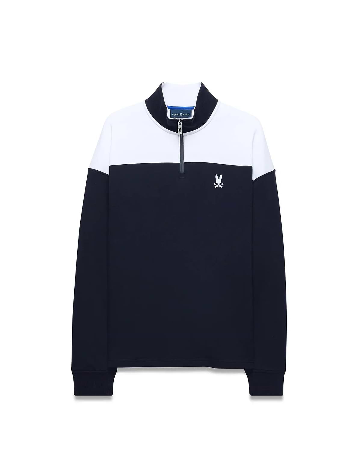 Mens Gabe French Terry 1/4 Zip pullover in navy blue and white color block, featuring a classic fit, soft French terry fabric, and a small embroidered white Psycho Bunny skull logo on the left chest.
