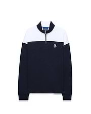 Mens Gabe French Terry 1/4 Zip pullover in navy blue and white color block, featuring a classic fit, soft French terry fabric, and a small embroidered white Psycho Bunny skull logo on the left chest.