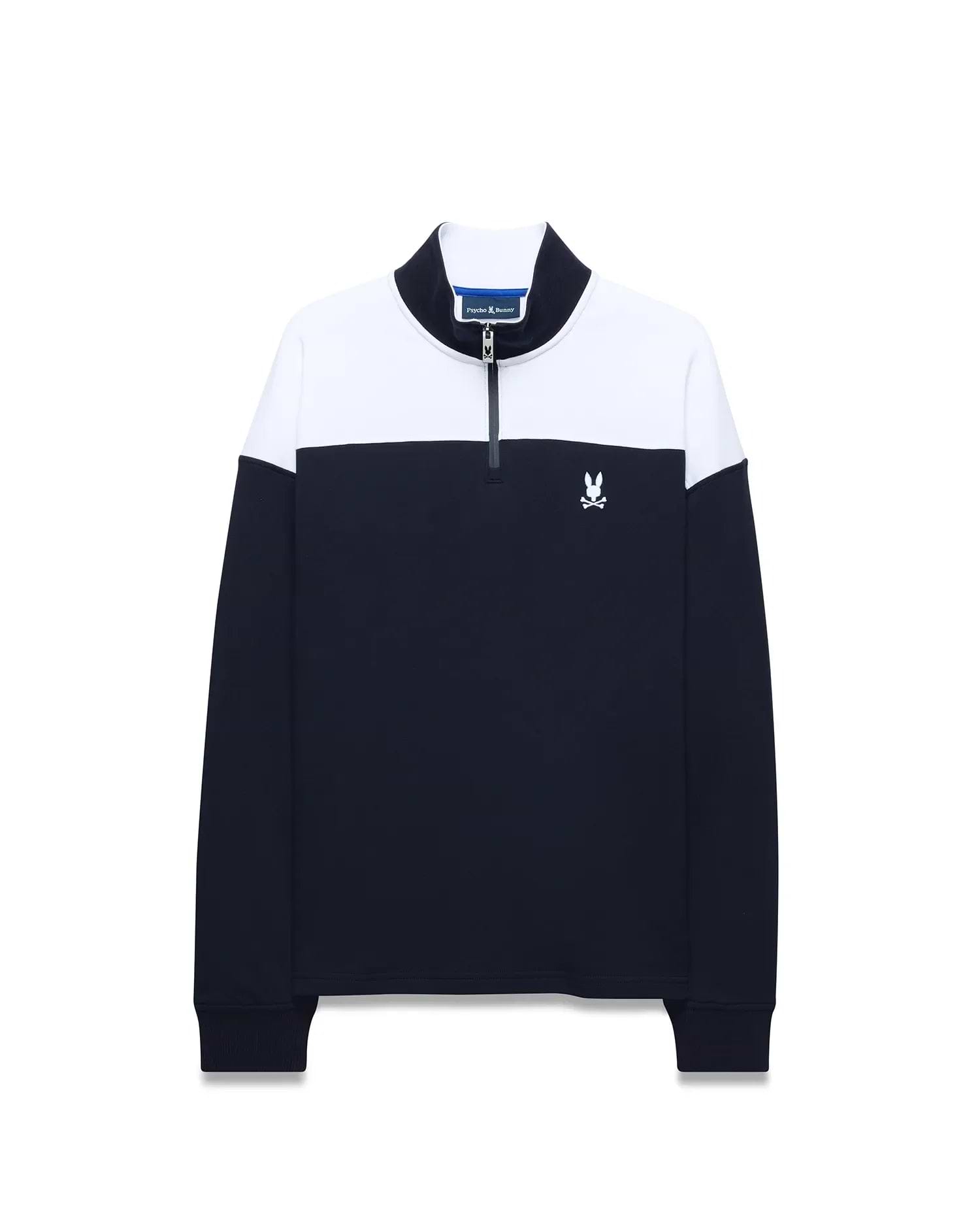 Mens Gabe French Terry 1/4 Zip pullover in navy blue and white color block, featuring a classic fit, soft French terry fabric, and a small embroidered white Psycho Bunny skull logo on the left chest.