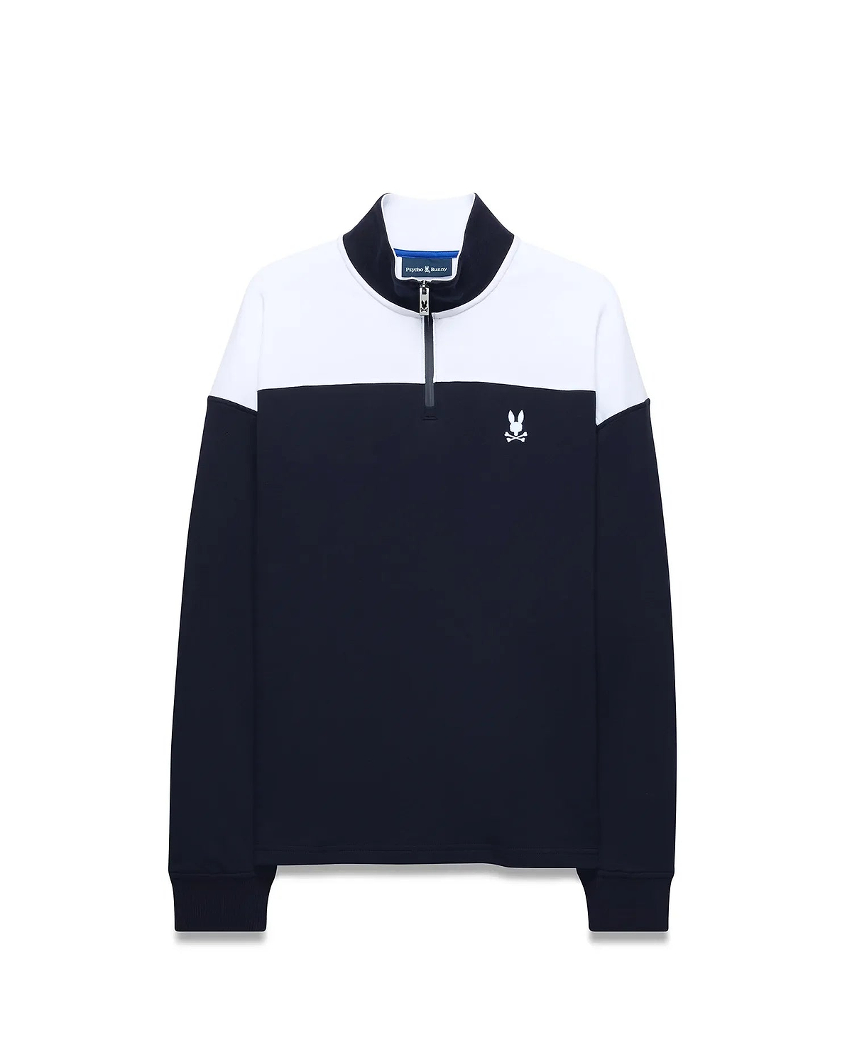 Mens Gabe French Terry 1/4 Zip pullover in navy blue and white color block, featuring a classic fit, soft French terry fabric, and a small embroidered white Psycho Bunny skull logo on the left chest.