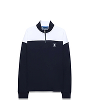 Mens Gabe French Terry 1/4 Zip pullover in navy blue and white color block, featuring a classic fit, soft French terry fabric, and a small embroidered white Psycho Bunny skull logo on the left chest.