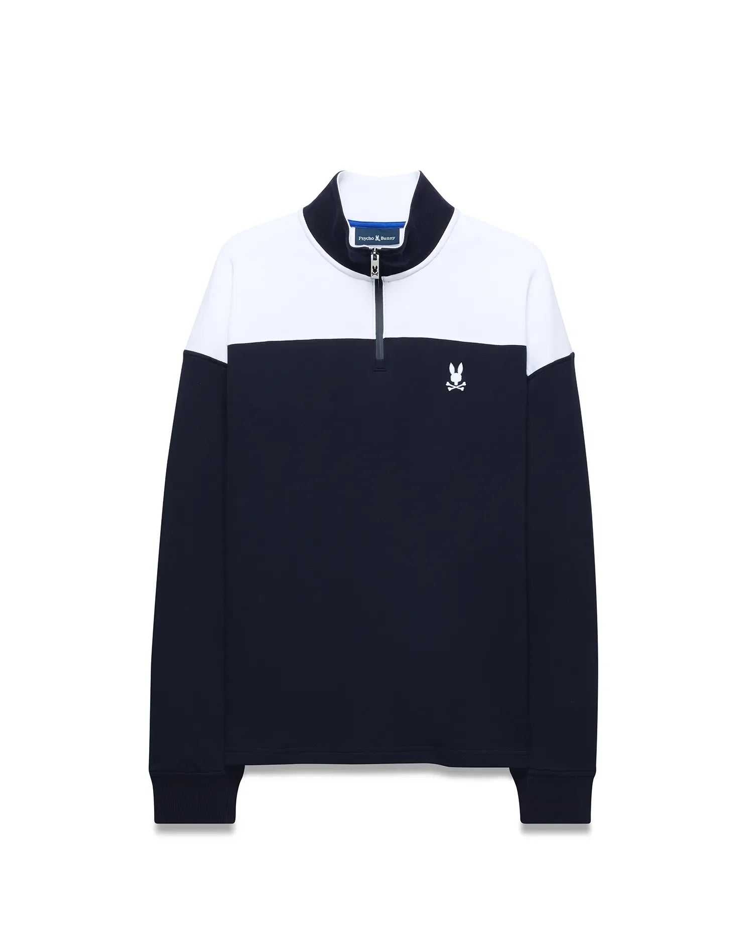 Mens Gabe French Terry 1/4 Zip pullover in navy blue and white color block, featuring a classic fit, soft French terry fabric, and a small embroidered white Psycho Bunny skull logo on the left chest.