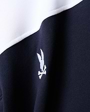 Mens Gabe French Terry 1/4 Zip in navy and white color-block, featuring a small white embroidered Psycho Bunny skull logo on the chest.