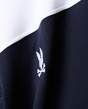 Mens Gabe French Terry 1/4 Zip in navy and white color-block, featuring a small white embroidered Psycho Bunny skull logo on the chest.
