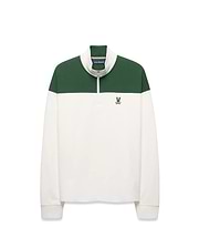 Mens Gabe French Terry 1/4 Zip in a classic fit, featuring a white body with a green color block upper and collar, a silver 1/4 zip, and a small embroidered green Psycho Bunny skull logo on the left chest.