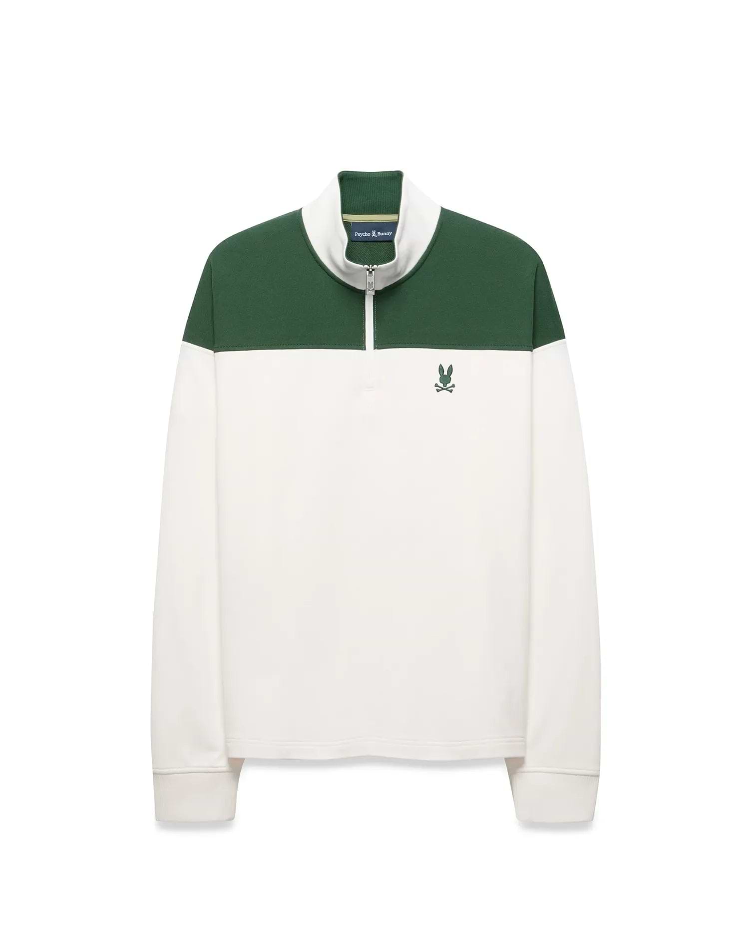 Mens Gabe French Terry 1/4 Zip in a classic fit, featuring a white body with a green color block upper and collar, a silver 1/4 zip, and a small embroidered green Psycho Bunny skull logo on the left chest.