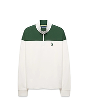 Mens Gabe French Terry 1/4 Zip in a classic fit, featuring a white body with a green color block upper and collar, a silver 1/4 zip, and a small embroidered green Psycho Bunny skull logo on the left chest.