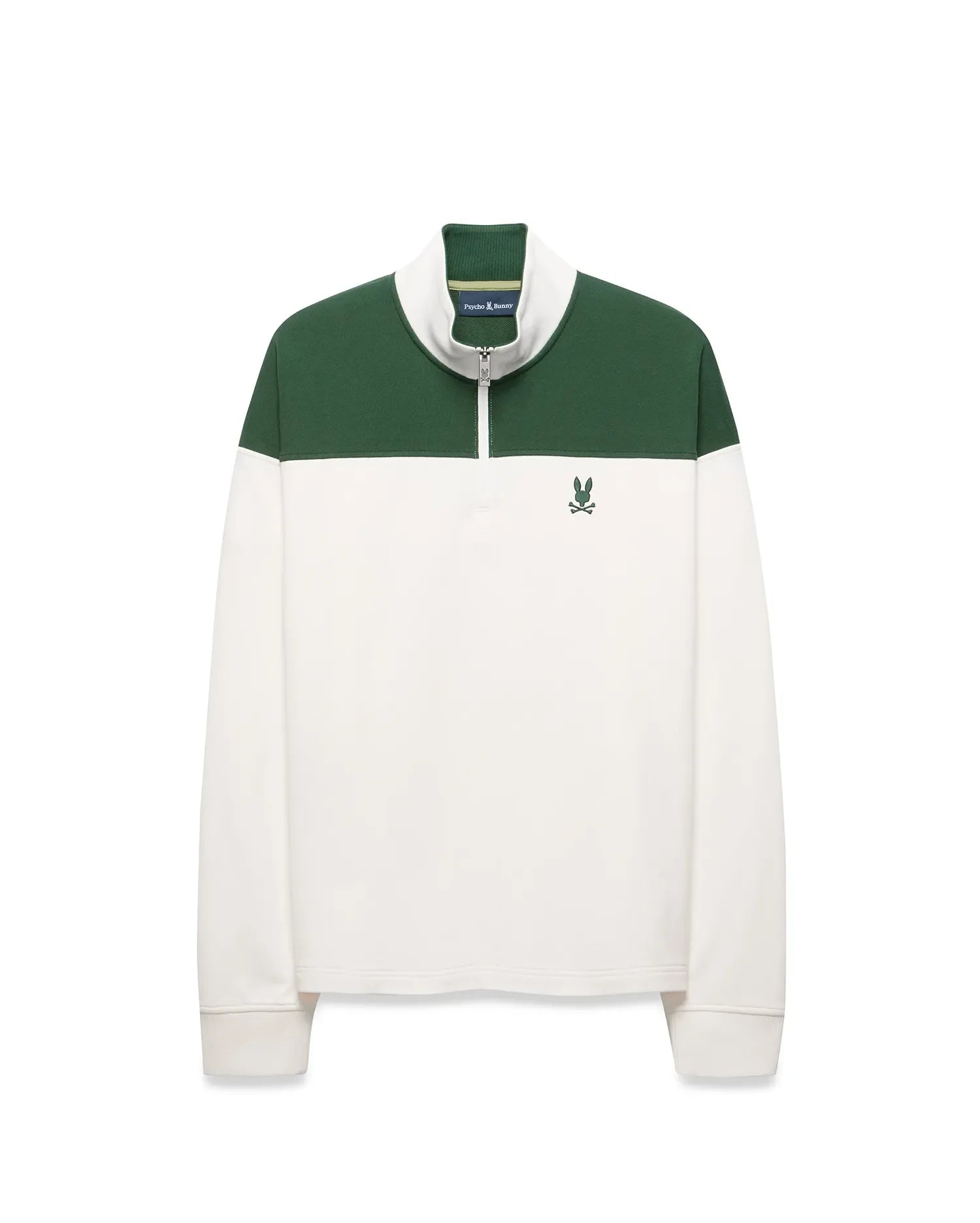 Mens Gabe French Terry 1/4 Zip in a classic fit, featuring a white body with a green color block upper and collar, a silver 1/4 zip, and a small embroidered green Psycho Bunny skull logo on the left chest.